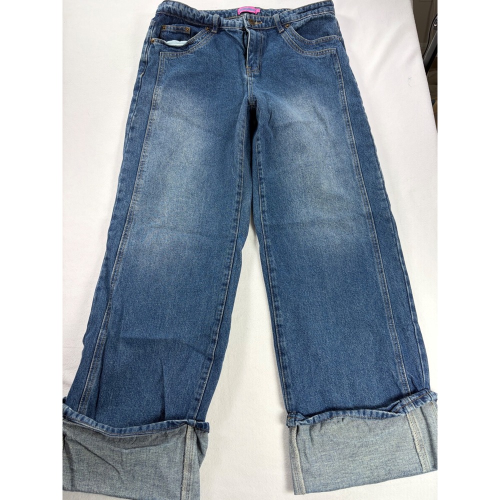 Edikted Womens Wide Leg Cuffed Hem Jeans Medium Wash Blue Y2K Style Size 7